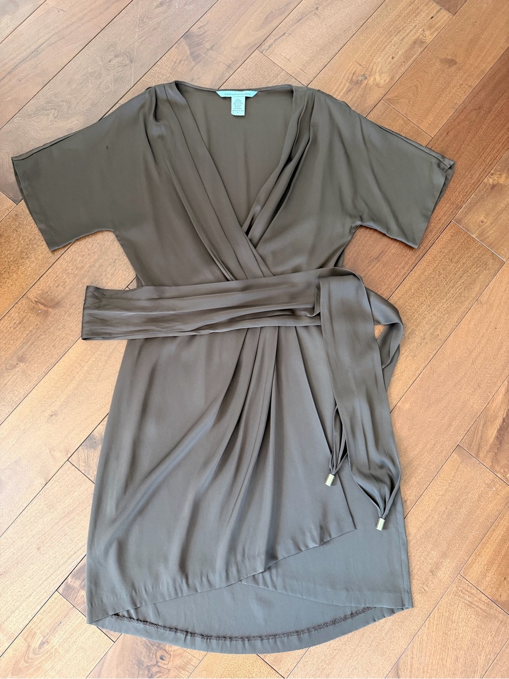 DVF Silk Olive “Wrap-Style” Short Sleeve Dress with detailed belt.